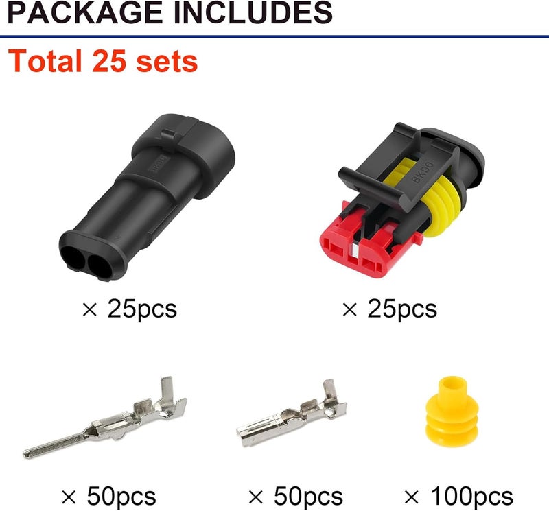 Twippo 25 Kit 2 Pin Connector Automotive Waterproof Connectors 2 Wire Connectors Electrical Connector Two Pin Connector Quick Disconnect Plug Kit 22-16 AWG - Image 2
